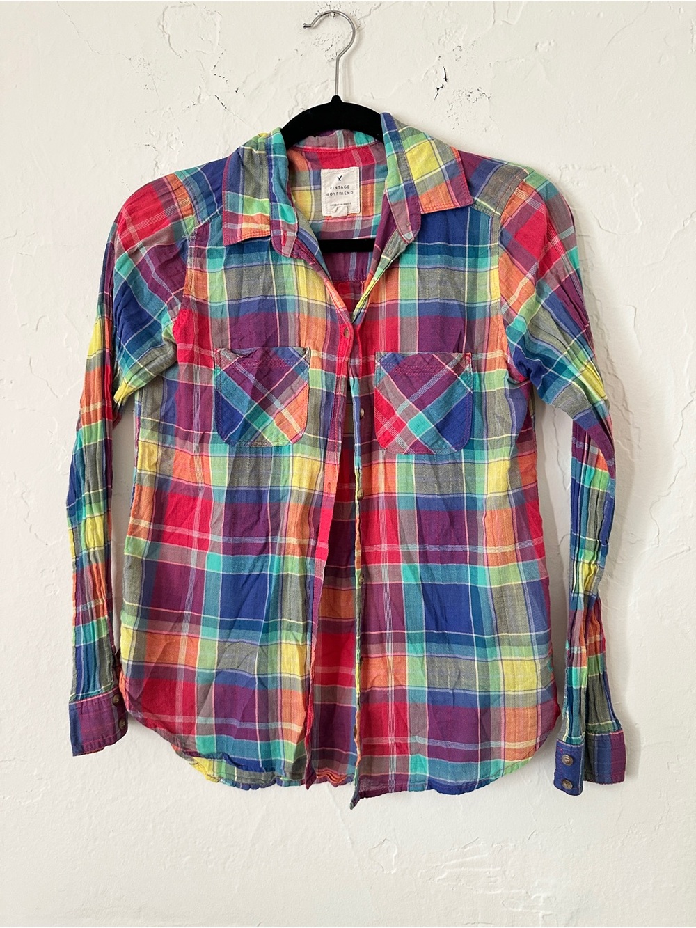 American Eagle Vintage Boyfriend Rainbow Plaid Long-Sleeve Button-Down